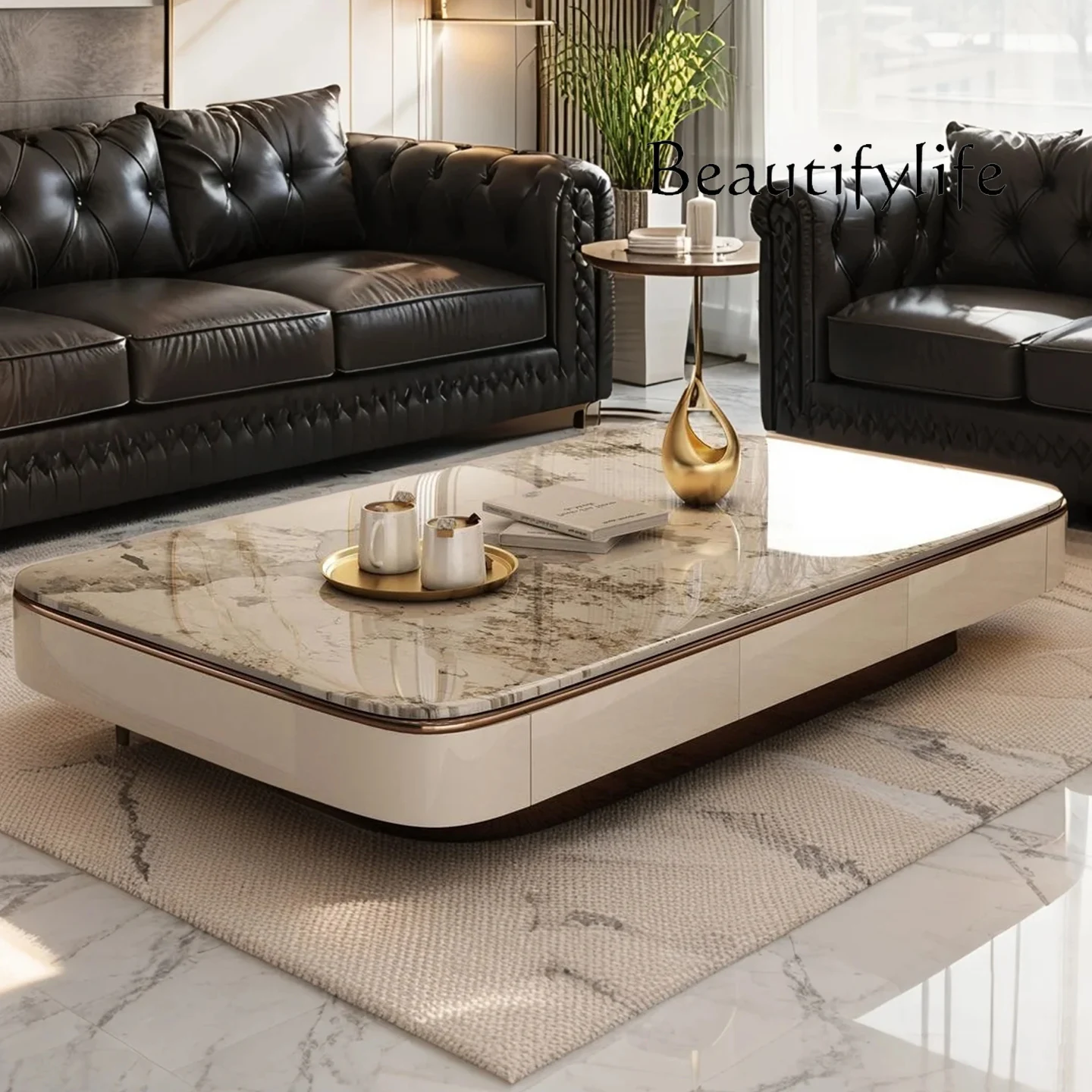 

Light luxury rock slab living room coffee table household tea table high-end atmospheric paint cabinet body furniture customize