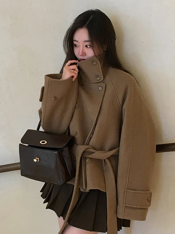 

Chic Winter Woolen Coat Women's ort Cotton Lined Double Breasted Belted Jaet Sli Aosphere High End Feeling