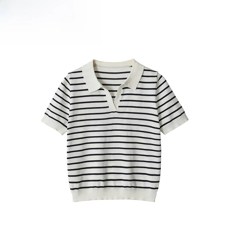

Fashionable Casual Striped Short Sleeve Knitted Top ZR Summer New Arrival Women's Polyester Fiber Skin-friendly Breathable