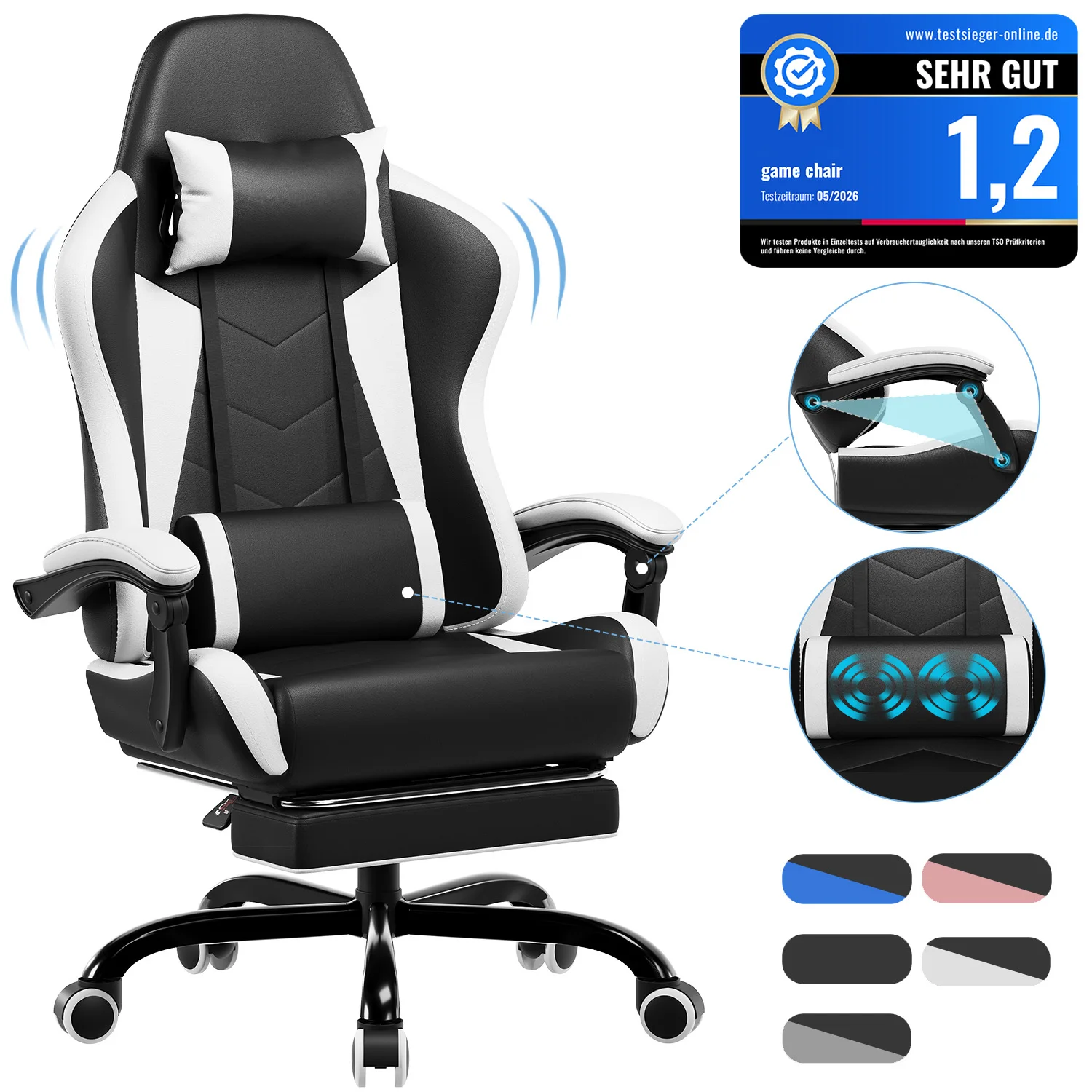 Chaise de jeu ergonomique HOMALL avec fonction de massage lombaire et repose-pieds, chaise de bureau inclinable