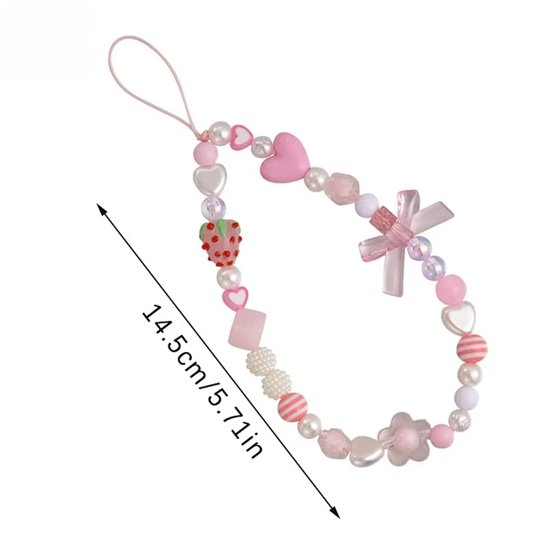 Erdbeerperlen-Handyband – süßes Blumen-Charm-Lanyard für Frauen, Schlüsselanhänger-Anhänger für Handyhülle/Tasche/Kamera (Knotendesign)