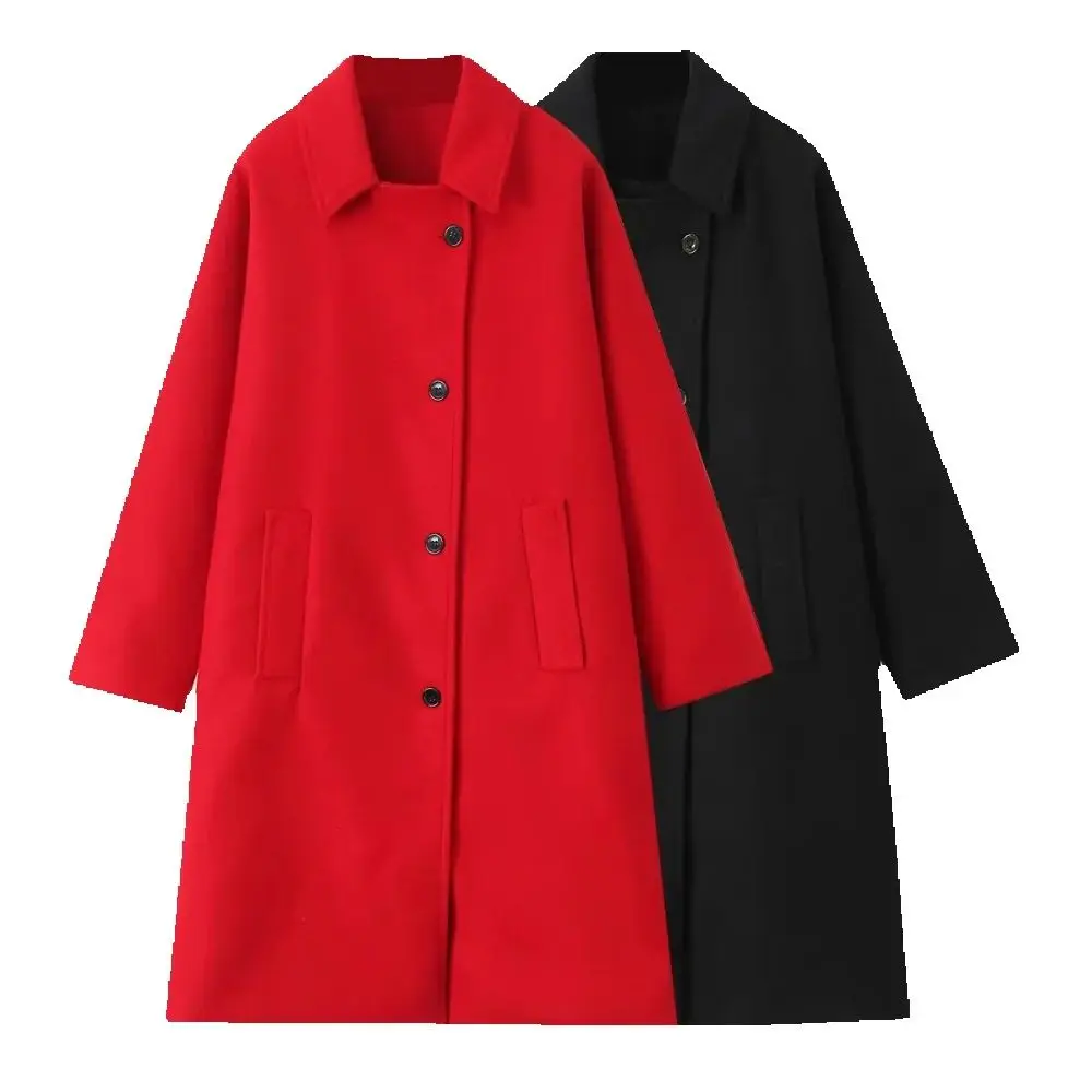 

Women's Woolen Loose Coat with Collar Long Sleeve Button Pocket Autumn and Winter New Style Stylish Coat