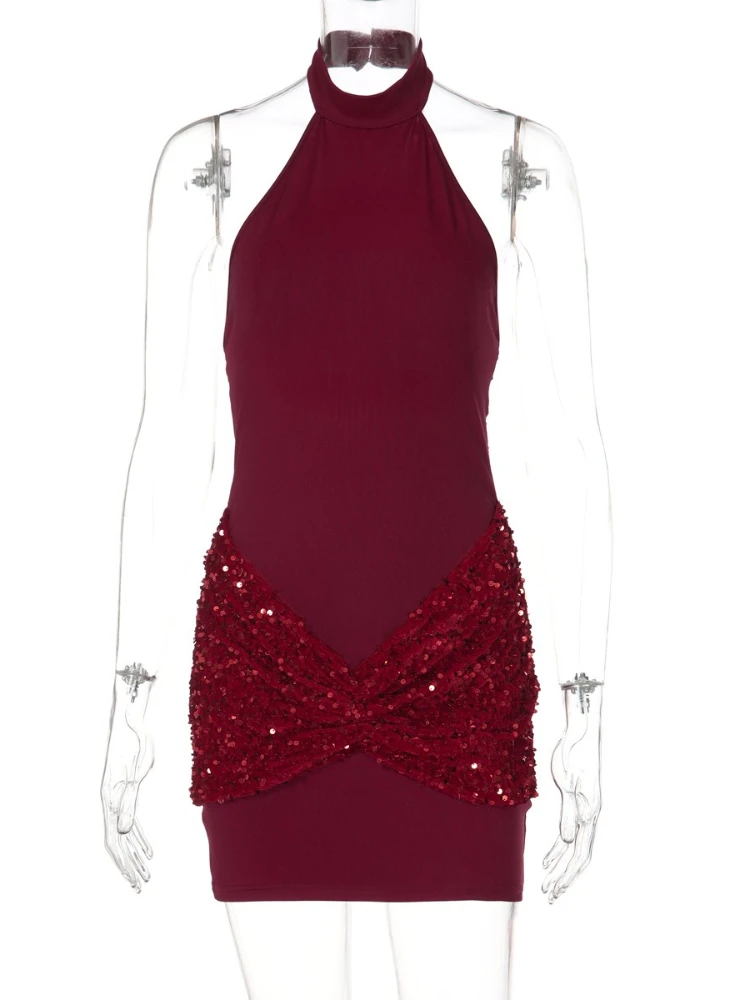 Vestido corto de fiesta sin espalda con cuello Halter y hombros descubiertos para mujer 2026 Mini vestidos de fiesta de noche ajustados con retales de lentejuelas para mujer