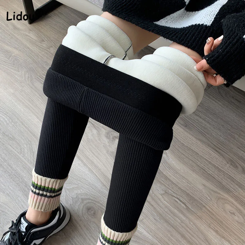 

Winter New Elastic High Waist Skinny Fleece Women's Pants Fashion Spliced Casual Solid Color Pencil Leggings Female Clothing