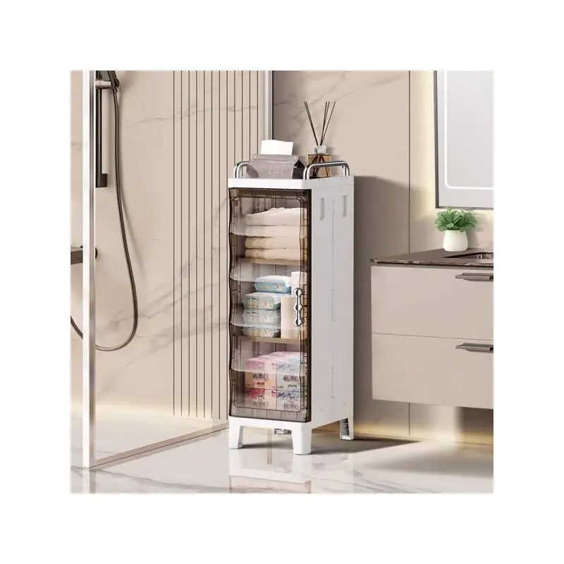 

Slim Waterproof Storage Cabinet with Doors & Shelves - Freestanding Plastic Organizer for Bathroom, Kitchen, Laundry Room &