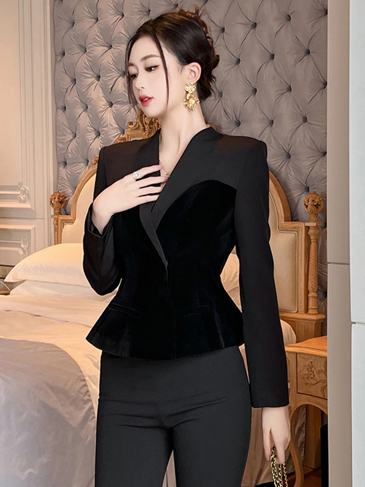 Moda donna occasione formale velluto nero semplice giacca corta donna elegante pendolare Vintage pendolarismo femminile cappotto sottile capispalla