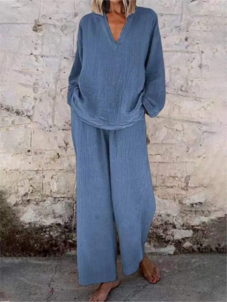 V-neck Pullover Trousers Suit 2026 Summer New Elegant 2-piece Set Women's Casual Long-sleeved Loose Solid Color Clothes Female
