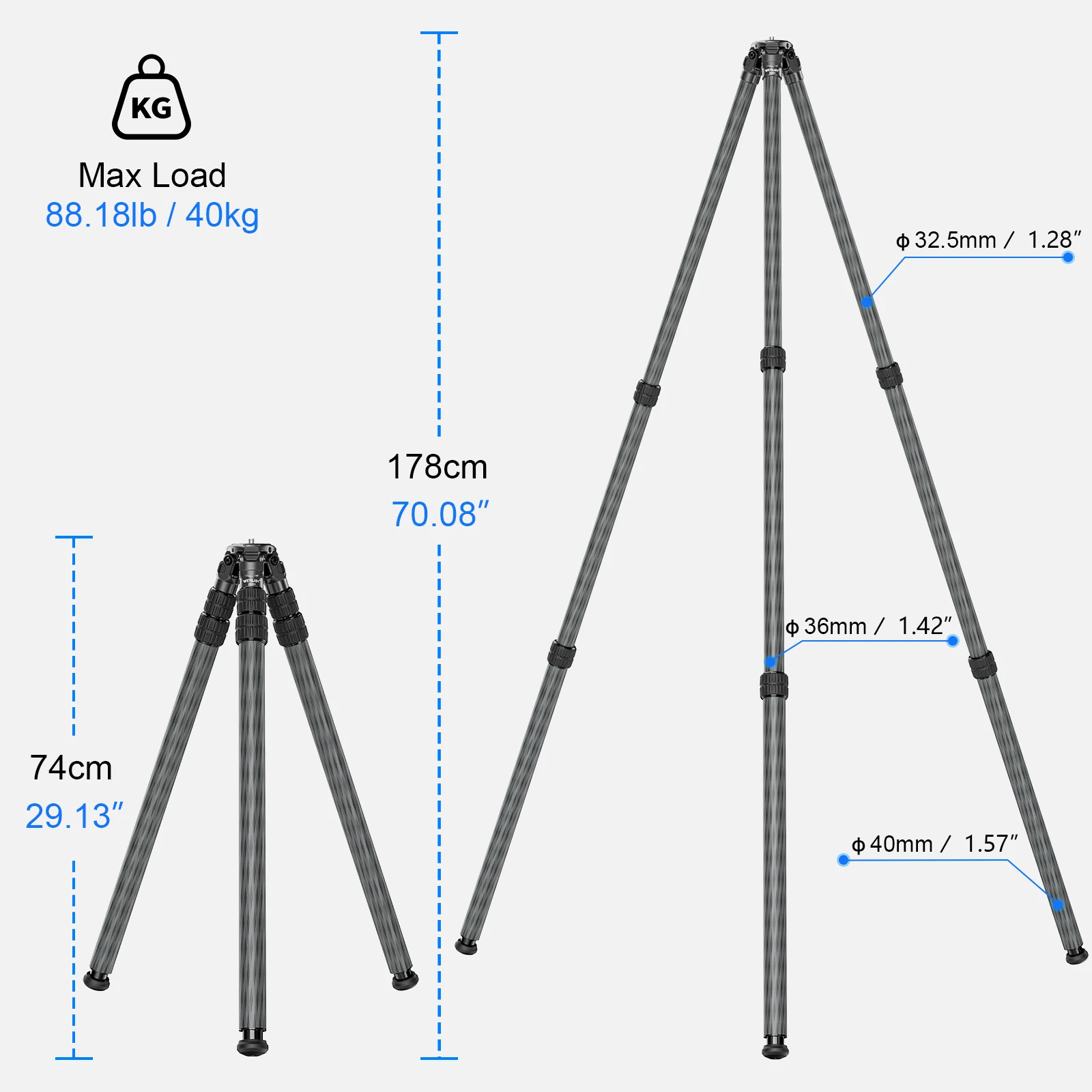 70.08'' Carbon Fiber Tripod for Hunting Inverted Three-section Heavy Duty Camera Tripod WEYLLAN GN403 40mm Leg, Load 88lbs/40kg