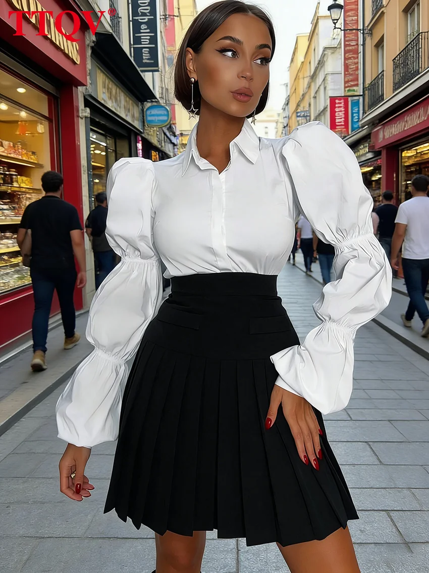 

TTQV Fashion Slim White Cotton Women's Shirt 2025 Bodycon Lapel Long Sleeve Blouse Elegant Classic Solid Top Female Clothing