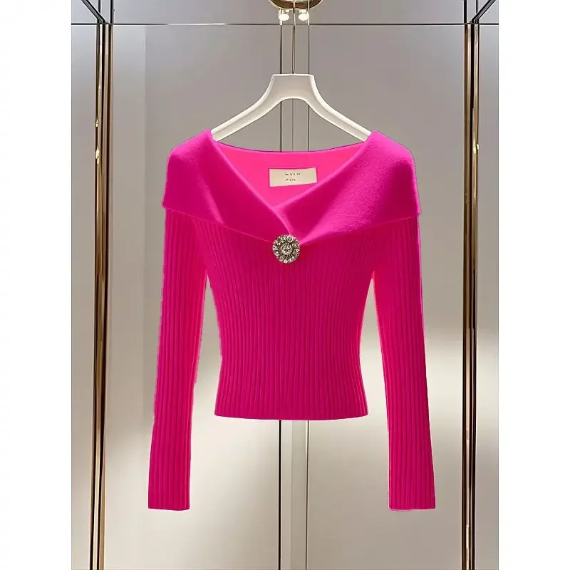 

Design Sense Niche High-end Temperament Small Fragrance Interior Sweater Solid Color Autumn Lapel Knit Top for Women JJ324