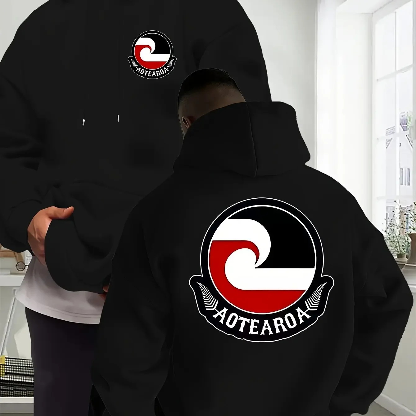 Front Back Print Aotearoa Maori Circle Emblem Graphic Hoodie For Patriotic New Zealand Local Daily Wear Unisex