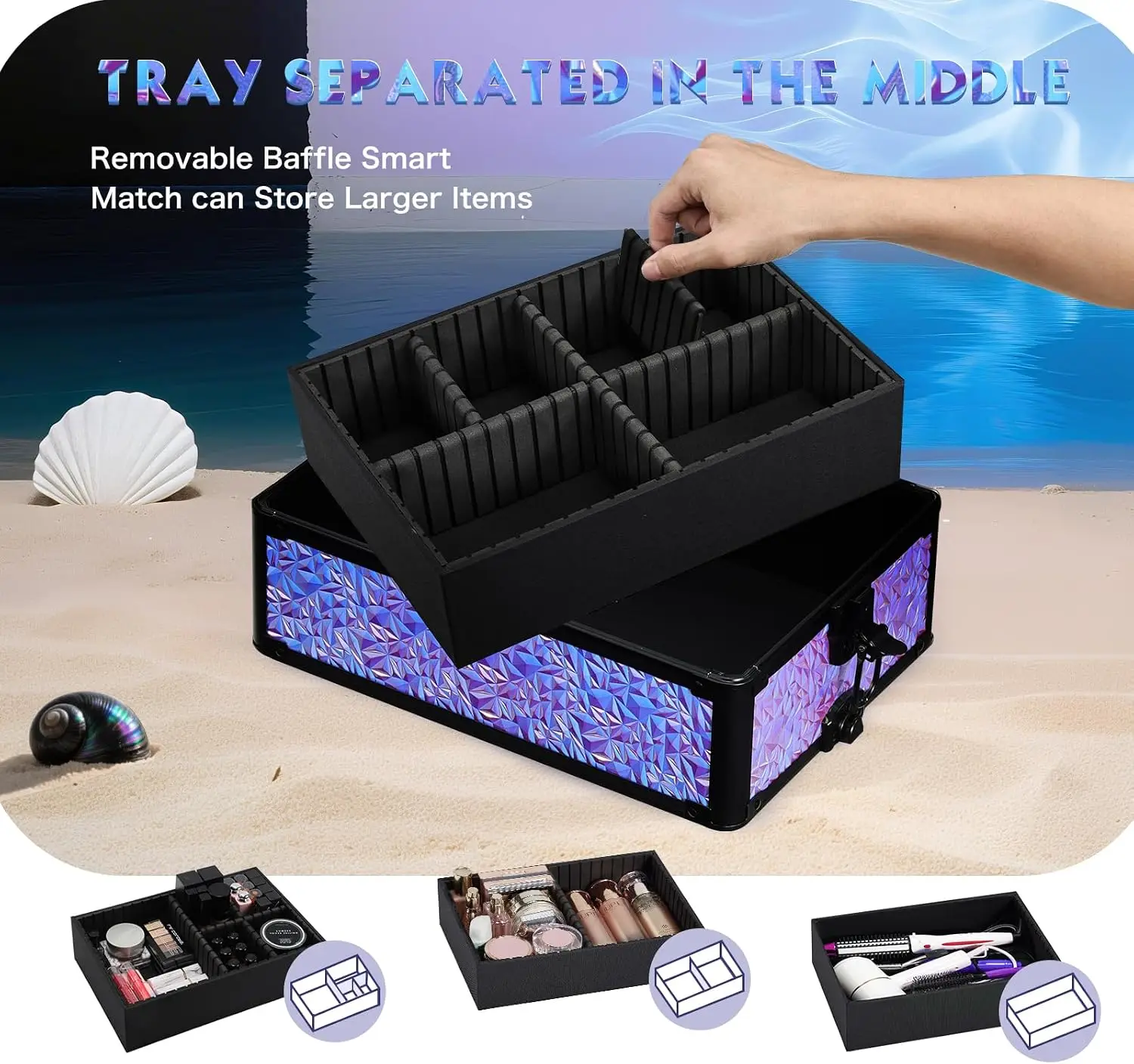 Rolling Makeup Train Case, Large Cosmetology Storage Cart With Drawers, Travel Nail Salon Beauty Organizer Trolley On Wheels, Mobile Hairstylist Vanity Box, Shiny Purple, Set Of One view 5