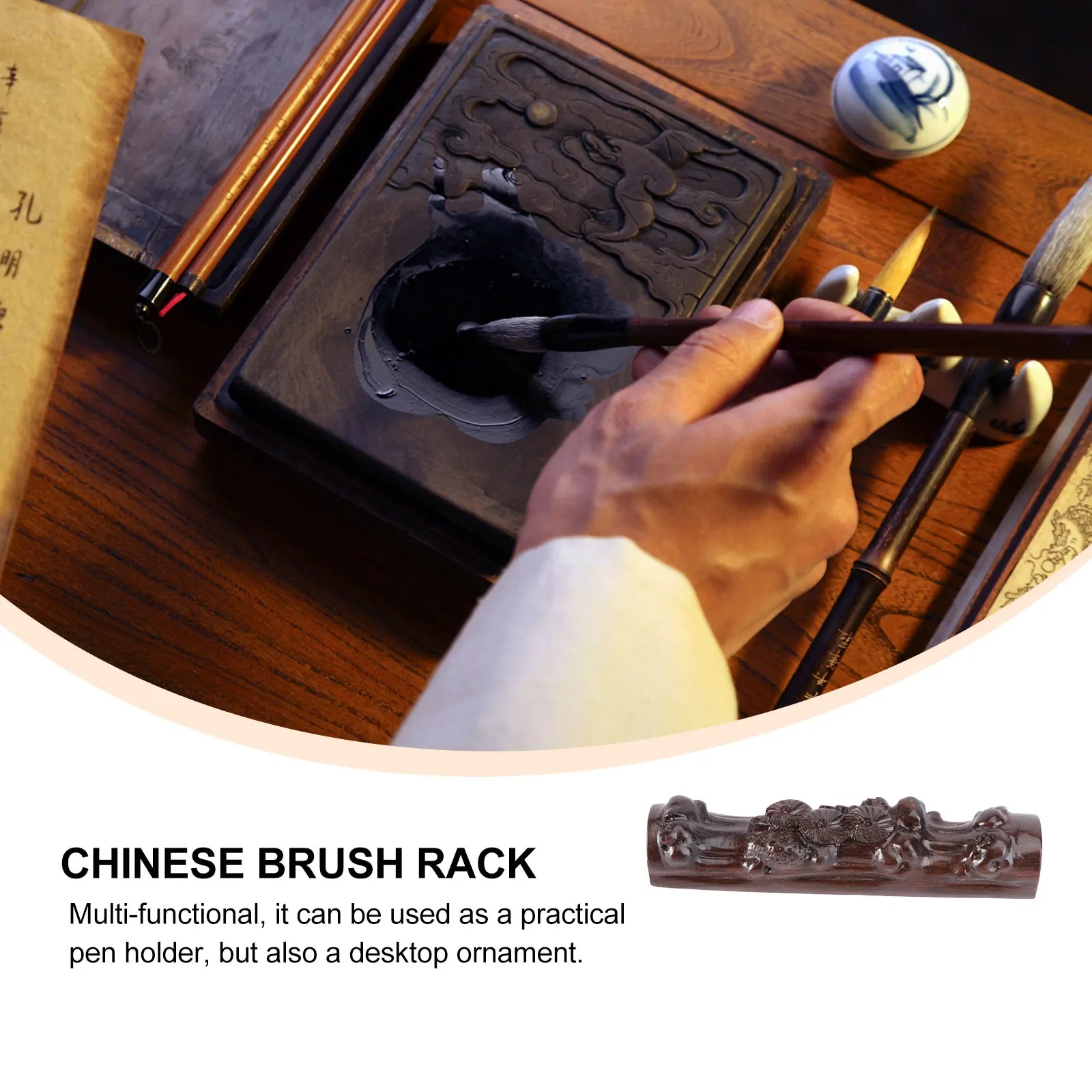 

Solid Wood Pen Holder Durable Ebony Calligraphy Brush Rack Desk Organizer Ink Brush Stand Supplies Practical Gift