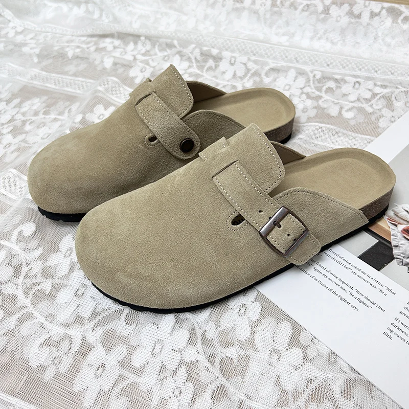 2024 New Women's Suede Leather Flat Shoes Autumn and Winter Cork Sole Baotou Women's Flat Slippers