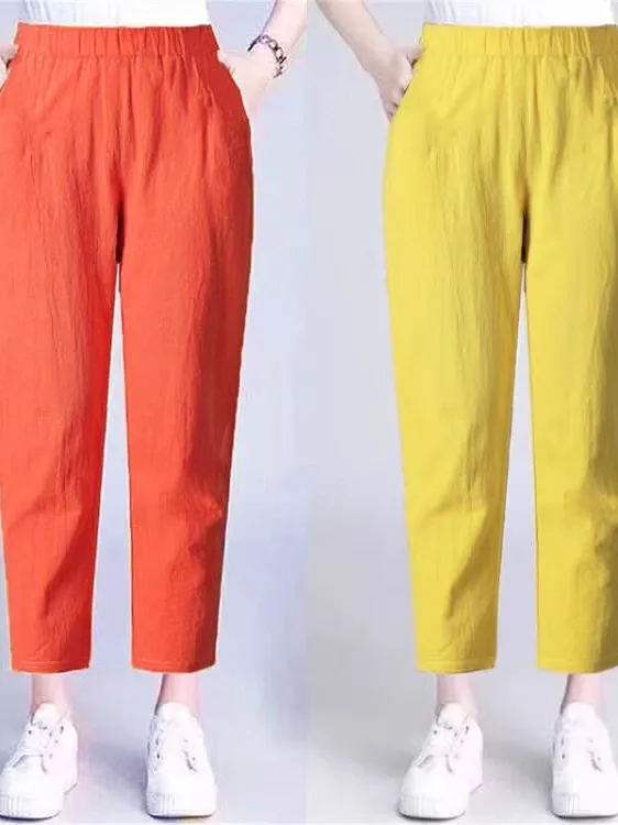 فضفاض مرونة الخصر القطن الكتان هارلان السراويل الكورية Sle تخفيف Faion منتصف العمر أمي الصيف سراويل تقليدية تسع نقاط السراويل #4