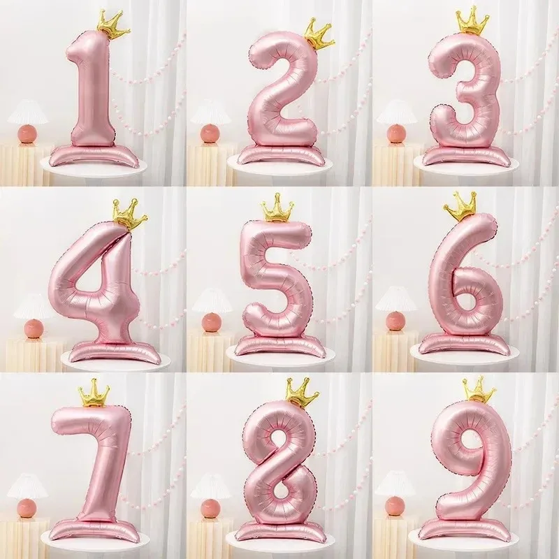 

Digital Crown Balloon 0~9 Large Number Birthday Aluminum Film Balloons with Base Boys Girls Birthday Party Decoration Supplies