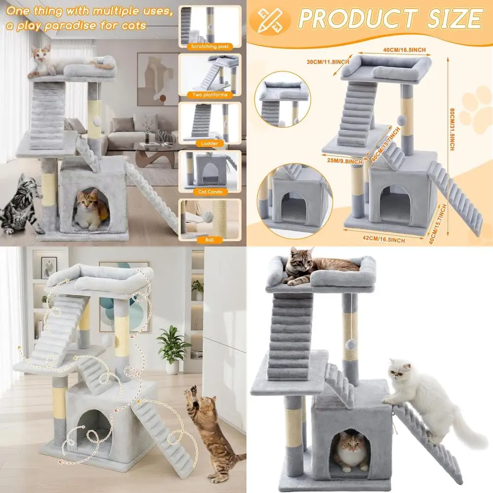 

Elevated Grey Cat Tower with Stairs, 31.5 Scratching Post, Hammock, and Jumping Platforms