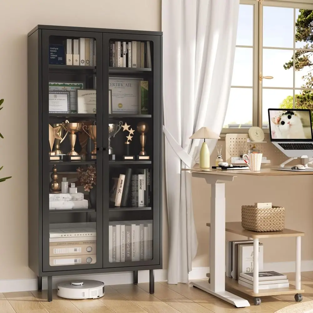 

Tempered Glass Metal Display Cabinet with Adjustable Shelves for Living Room, School, Plants in Black, Assembly Required