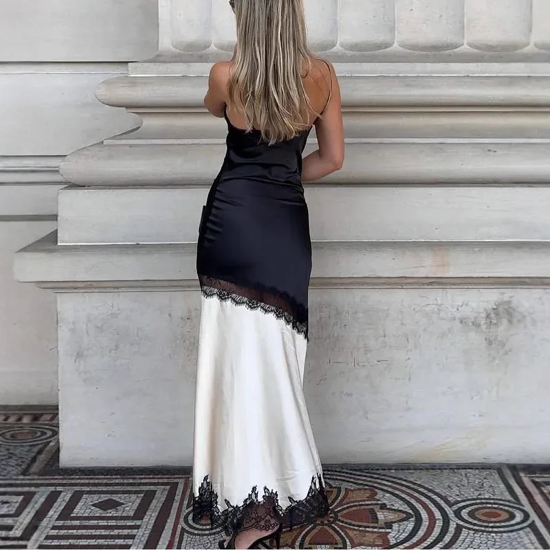 Chic Contrast Lace Embroidery Sling Dress Woman Sexy V Neck Hollow Slit  Long Dress Summer New Sleeveless Irregular Evening Dress - AliExpress  200000345