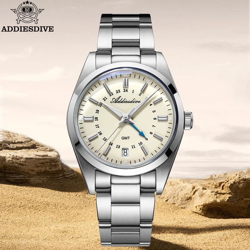 

ADDIESDIVE 36mm GMT Quartz Watch Bubble Mirror Pot Cover Glass Waterproof Men's Watch Stainless Steel Simple Diver Watch For Men