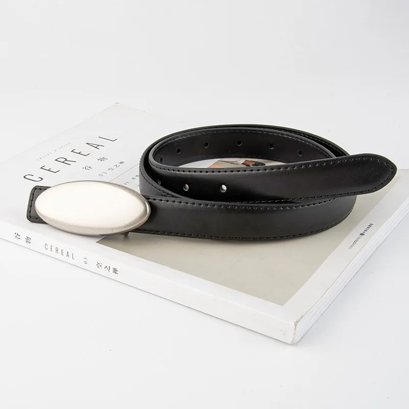 Ikat pinggang wanita modis gesper paduan oval, kulit asli bermutu tinggi dengan ikat pinggang dekoratif jeans