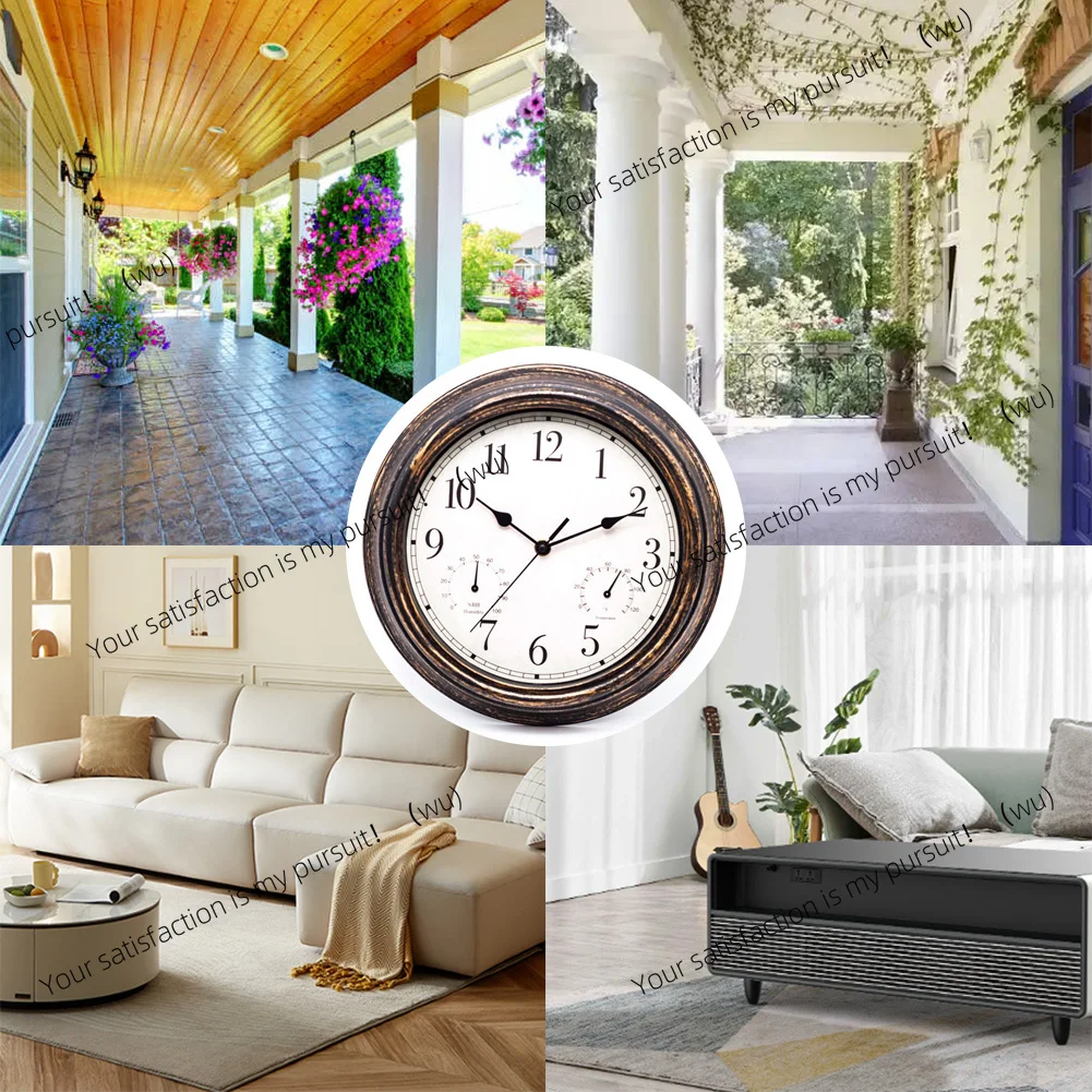 12-Inch retro waterproof clock with temperature/hygrometer, indoor/outdoor silent clock