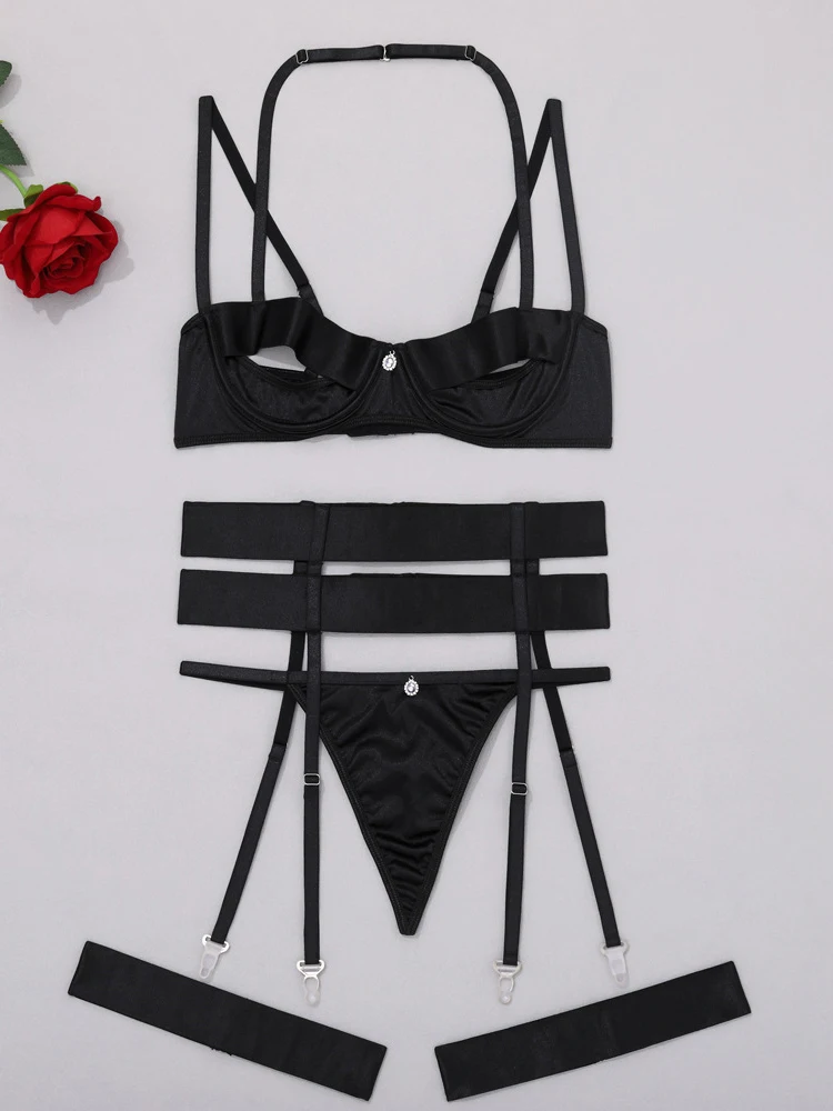 Belamimi Sexy Luxury Shaping Push Up Bra 4Pcs Lingerie Set, Garter Belt With Leg Rings, Slim Body Outfit For Club
