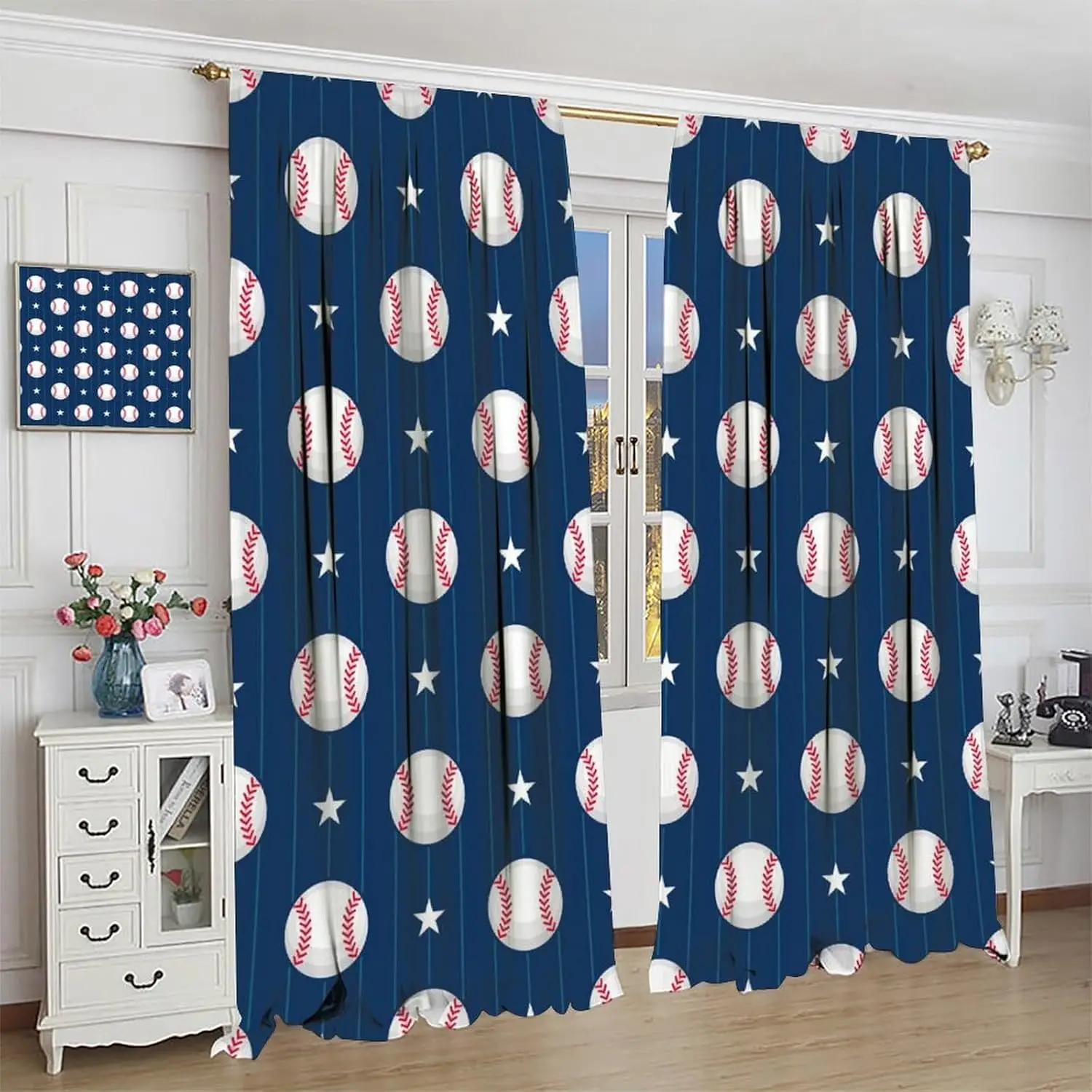 Baseball Curtains for Kids, Sports Theme Softball Ball Navy Blue Print Window Curtains for Boys Teens Bedroom Playroom Living