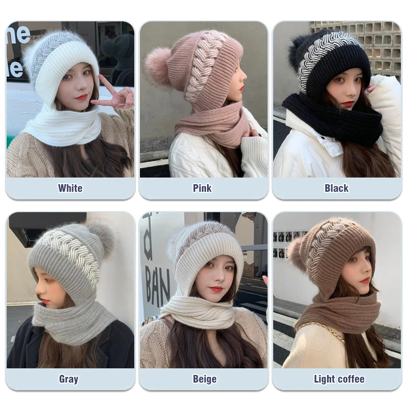 Knitted Hat Korean Version Of The Fall and Winter Knitted Cold Protective Ear Protection Neck Thickened Scarf one-piece Beanies