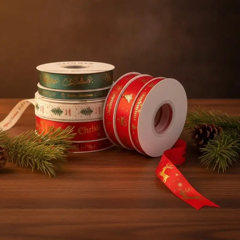 Christmas Ribbon For Gift Wrapping Gold Printed Xmas Satin Ribbon Navidad Home Tree Decor DIY Craft New Year 2027 Supplies