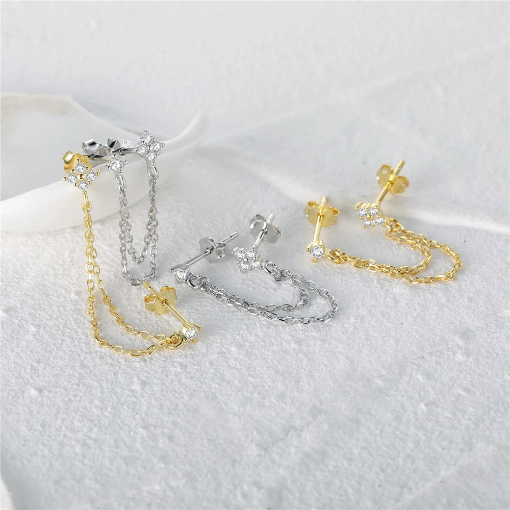 AIDE 925 Sterling Silver Temperament Cubic Zircon Stars Ear Stud Earrings 18K Gold Color Chain Zircon Pendant Jewelry For Women