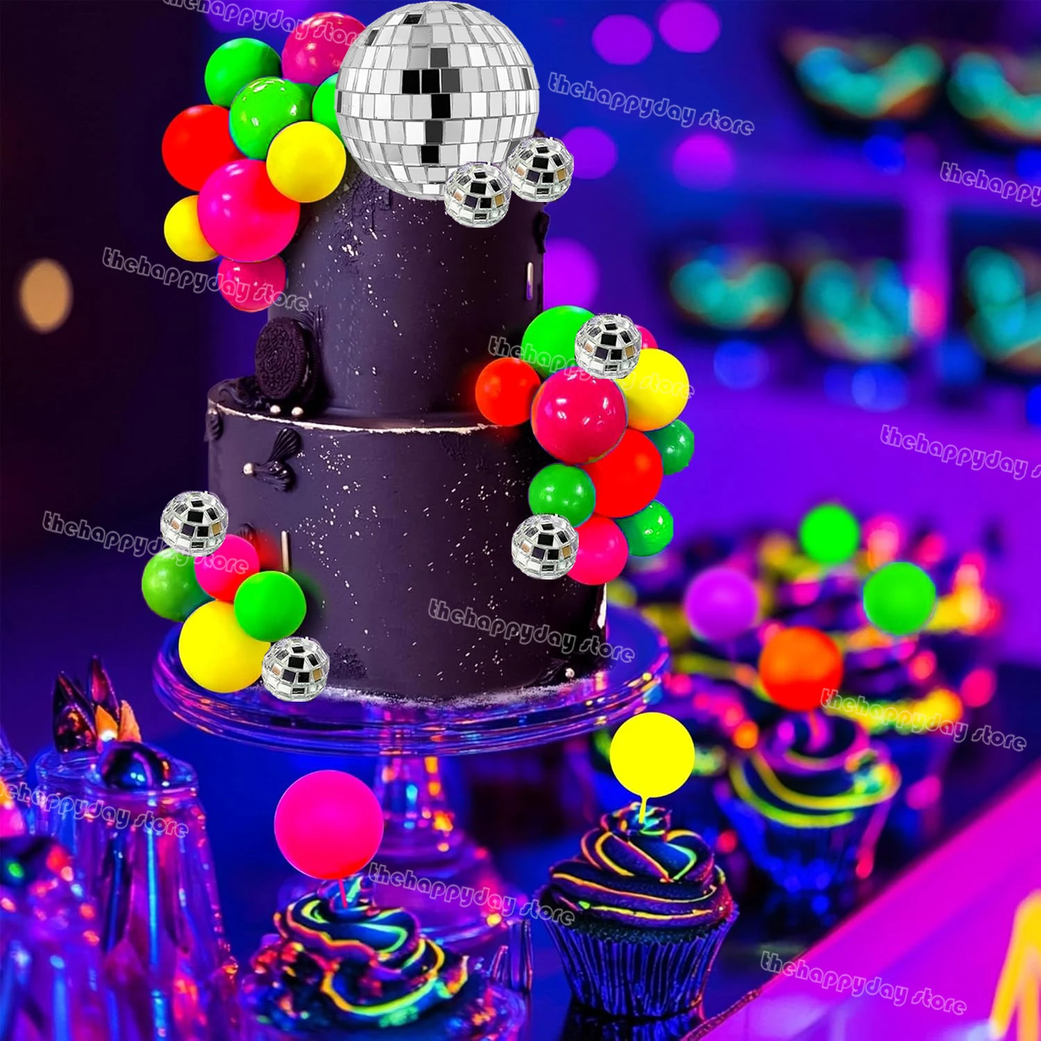 31-teiliges Leuchtkugel-Set für Torten, Disco-Kugeln, Neon-Kuchendekoration, Leuchtparty-Tortenverzierungen, Neon-Schwarzlicht-Cupcake-Deko – Detail 40