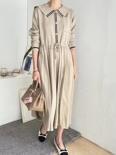 

Ele Naval Collar Dstring Waist Slimming Pleated Long Sve Knitted Dr Chic Autumn Vintage Sle Women's Faion