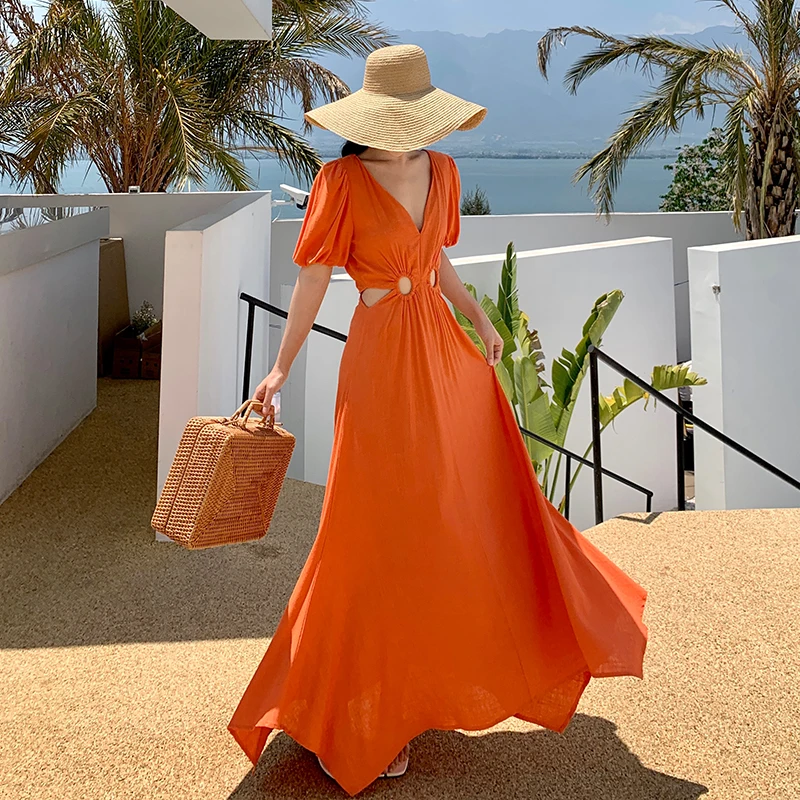 Runway Designer Lovely Waist Cut Out France Chic Puff Sleeve Long Party Dinner Dresses Elegant A Line Summer Elbise Robe