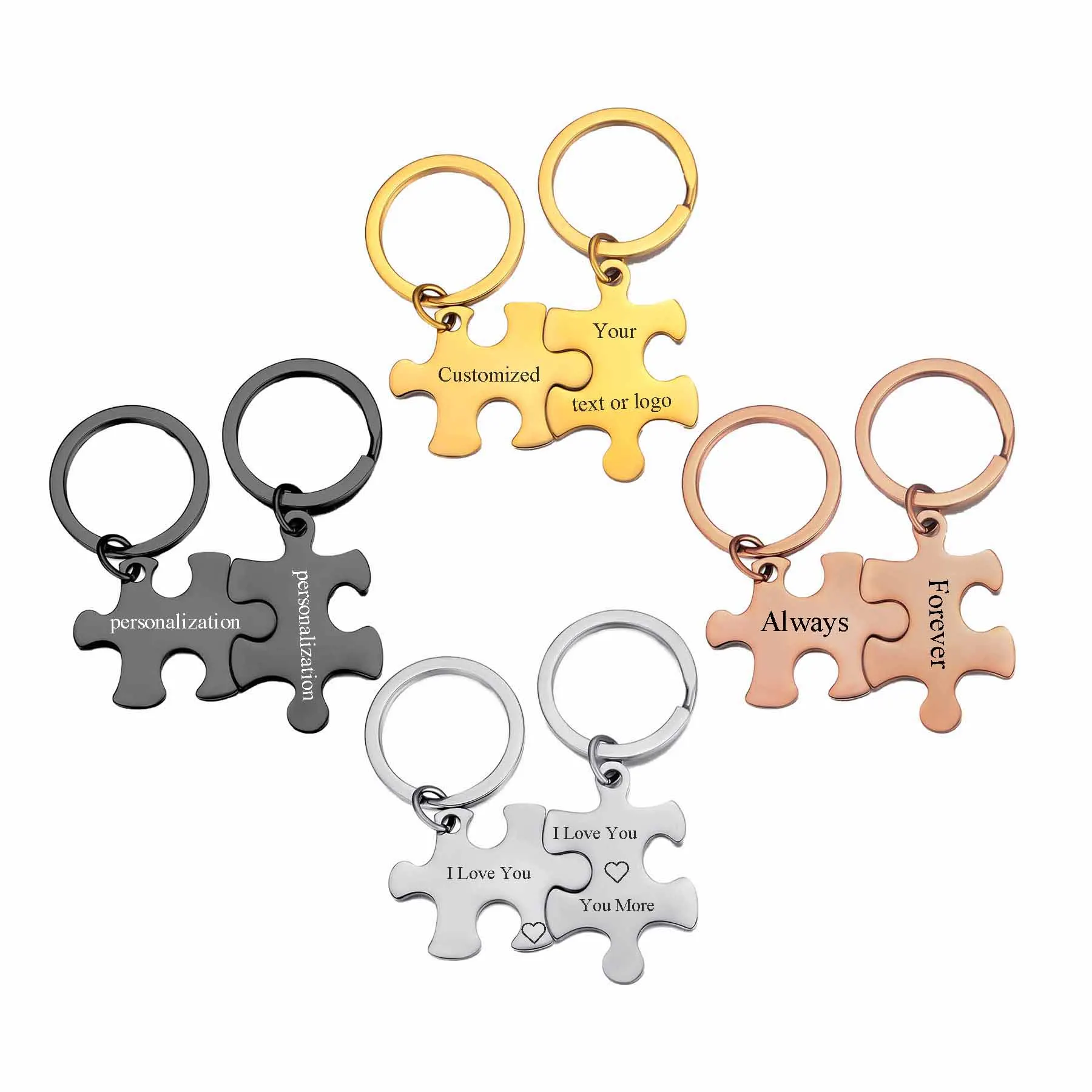 1Pair Stainless Steel Puzzle Keychain Personalized Engraved Name Text Pendant for Brothers Sisters Couple Keyring Jewelry Gift