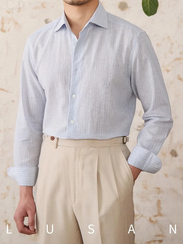 

Men's Cotton Linen Striped Shirt - Lightweight Business Casual Long Sleeve Retro One-Shoulder Summer Top