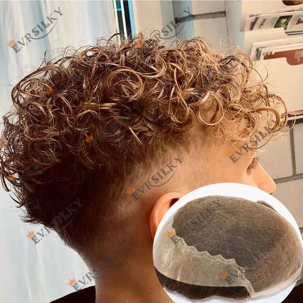 

20mm Natural Curly Q6 Swiss Lace Men Wig Blonde 20# Indian Human Hair Men Toupee Dark Brown Grey Black Hair Replacement Systems