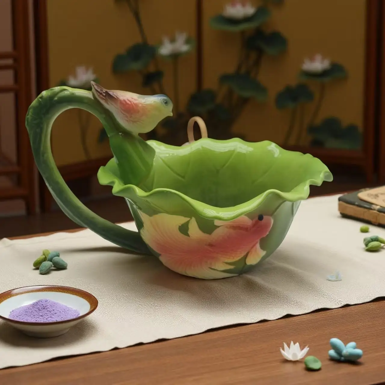 

Exquisite Collector Ceramic Bowl with Lotus Relief & Underglaze Color - Artistic Handled Rice Bowl，Relief Underglaze Color