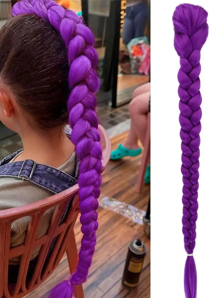 Queue de cheval synthétique tressée violette, coiffure de costume Rumi, queue de cheval longue de 26 pouces avec pinces pour enfants, filles, Halloween, Noël