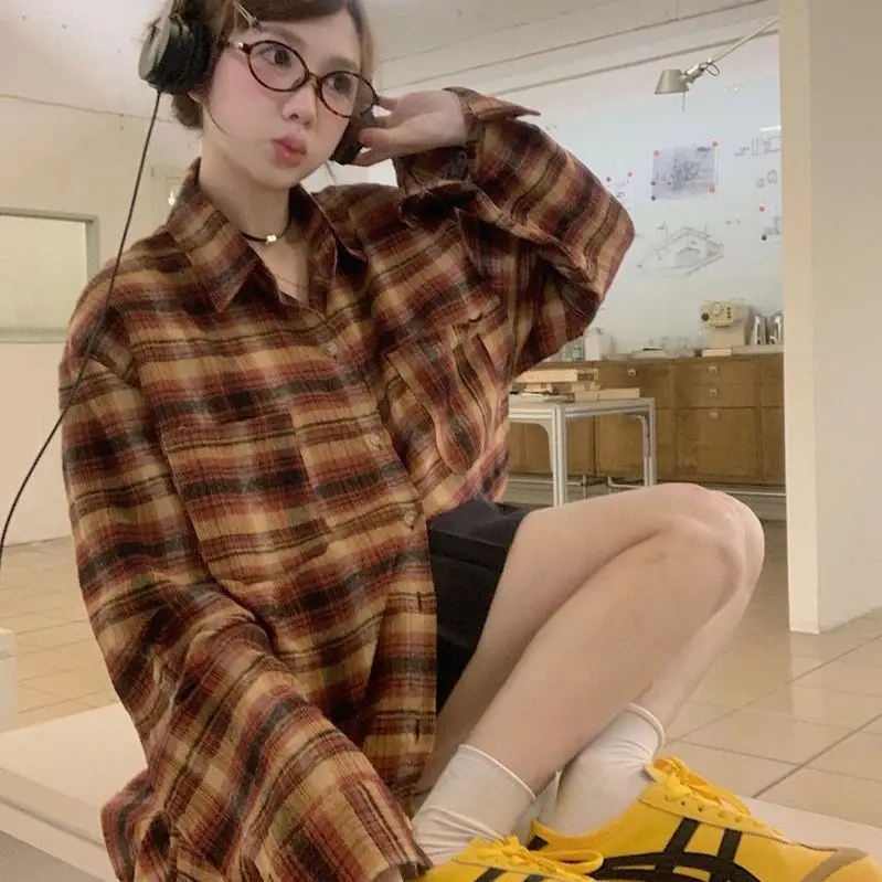 

Retro American Plaid Shirt Women's Loose Long Sleeve Casual Outerwear Spring Autumn Style Classic Checkered Top for Girls