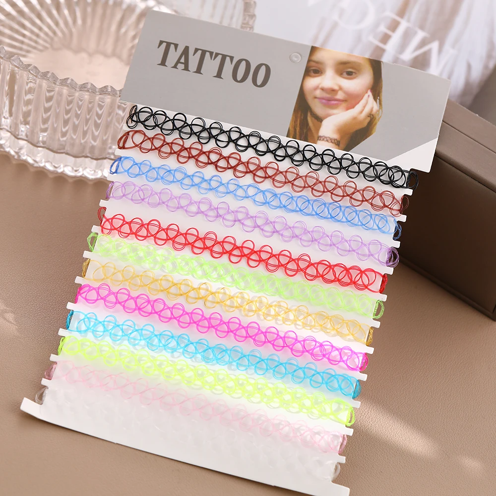 DIY 12PCS  Mix Colour Vintage Hippy Stretch Tattoo Choker Necklace Elastic Chocker Necklace Fishing Line Tattoo Necklace