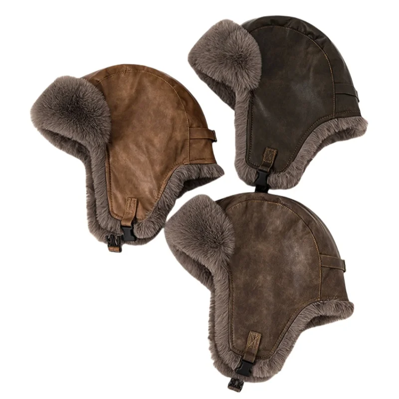 SupSindy Men Winter Bomber Hat Outdoor Motorcycle Windproof Thicken Warm Faux Fur Pilot Earflap Hat Leather Thermal Ushanka