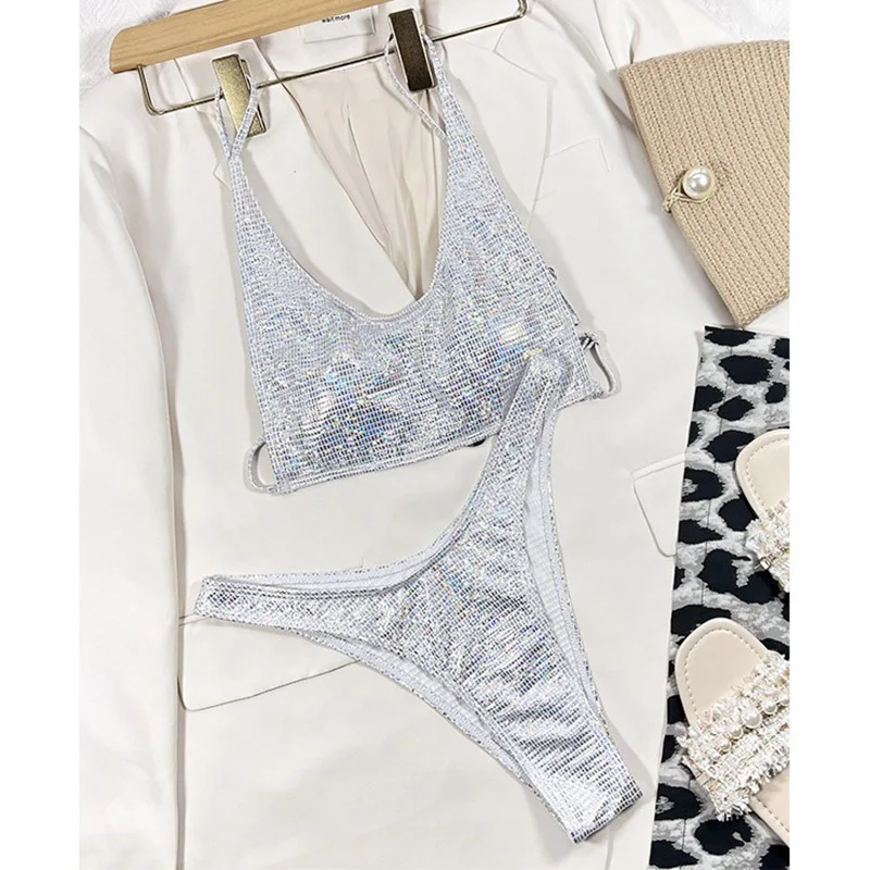 Shiny Sequins Bathing Suit Women Bikini Sexy Hollow Out Suspender High Cut Thong Split Swimsuit 2025 New Beachwear 2 Piece Sets