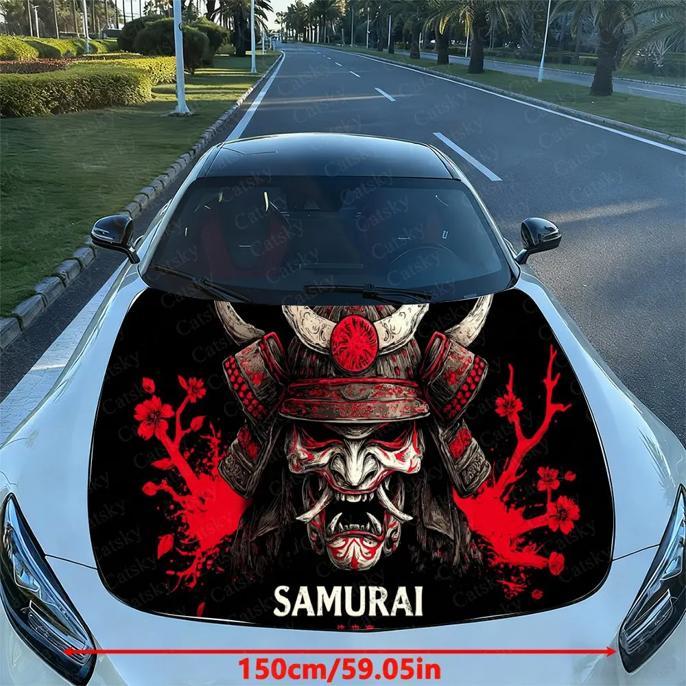 Fierce Oni Samurai Car Vinyl Wrap, PVC Waterproof Car Hood Sticker, Self-Adhesive Scratch-Resistant Engine Cover Sticker