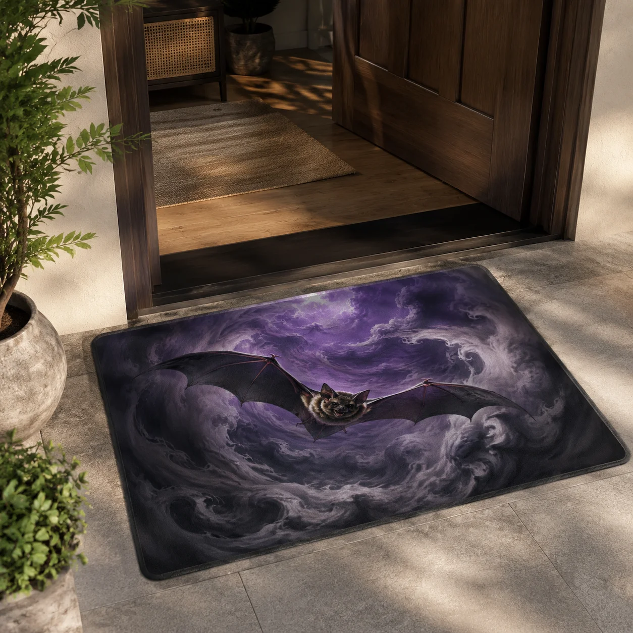 VIKAMA Bat & Thorn Gothic Flannel Square Rug, 7 Assorted Designs, Non-Slip Washable Halloween Decor Mat