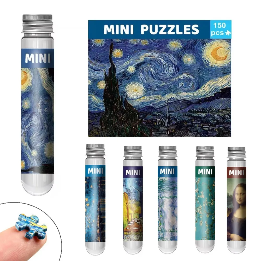 150pcs Test Tube Jigsaw Puzzle Portable Decompression World Famous Painting Van Gogh The Starry Night Paper Toy Gift