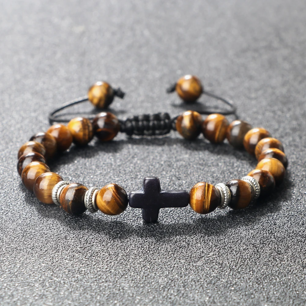 Vintage Cross Men Bracelets Bangles 8mm Natural Stone Black Lava Onyx Beads Meditation Bracelets Women Fashion Yoga Jewelry Gift