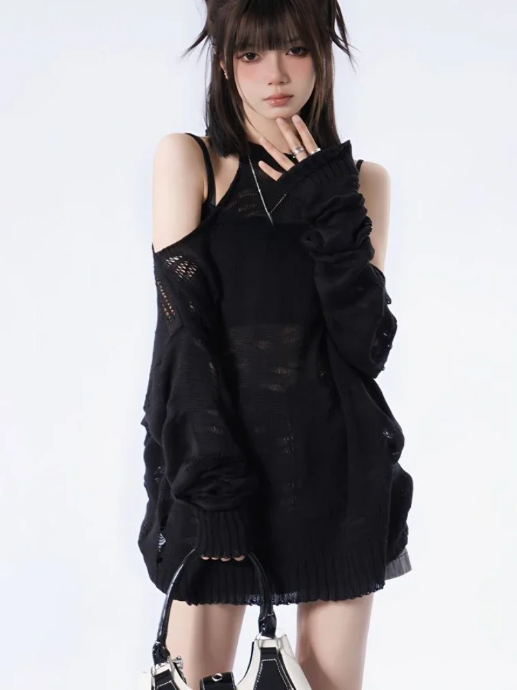 

2025 misa hot sale Grunge Loose Women Sweaters Y2k Aesthetic Hollow Out Thin Pullovers Spring Long Sleeve Fashion Casual Kniite