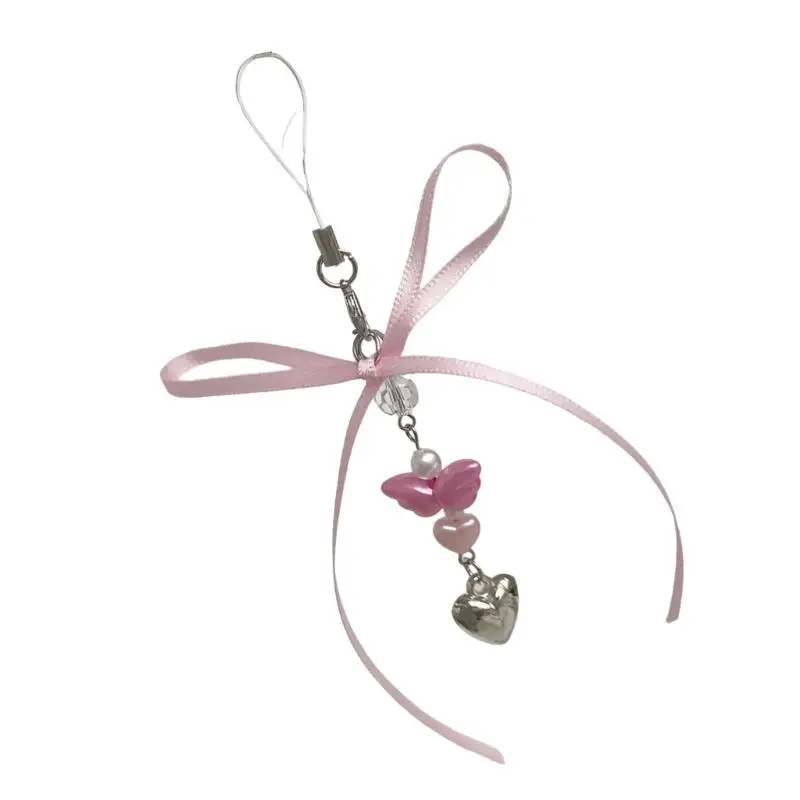 A52E Charm-Handykette in Herzform aus Silber, verziert mit Engelsflügel und Band – Detail 7