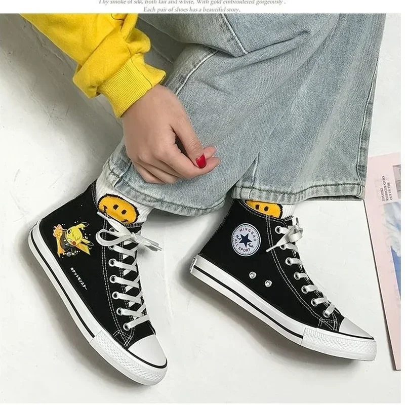 Cartoon Pokemon Pikachu Kinder Leinwand Schuhe Anime hohe obere Vulkan isation Schuh lässige Turnschuhe Aldult Plim solls Jungen Mädchen